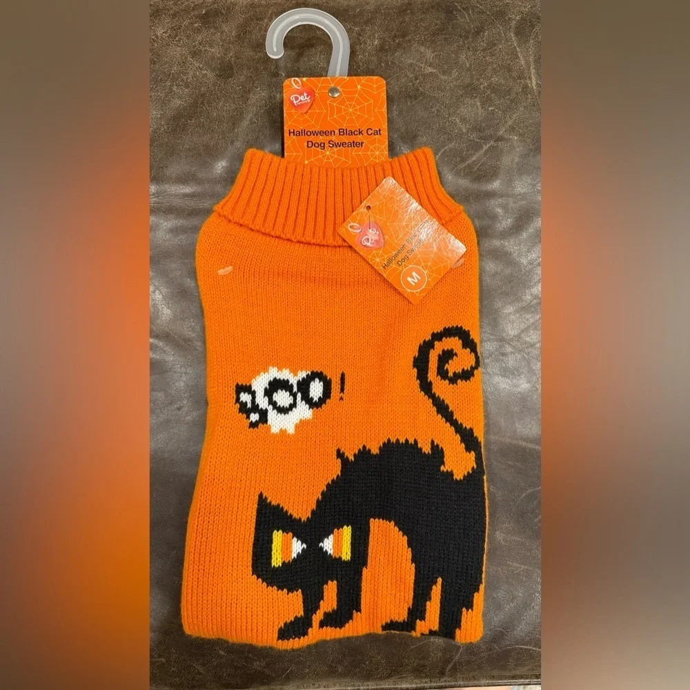 NWT Pet Central Halloween Black Cat Dog Sweater Orange Knit Boo Costume Size M